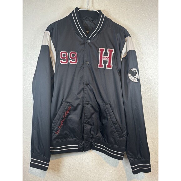 Varsity Bomber Button Up Jacket Hollister 99 Black Los Angeles California Sz M - Picture 1 of 16